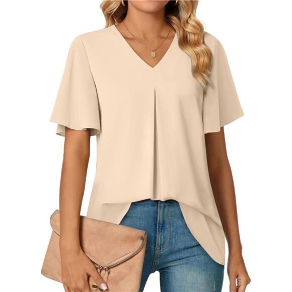 Womens Summer Dressy Chiffon Blouses V Neck Short Sleeve Tunic Tops for Leggings - Picture 1 of 7